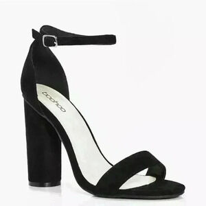 Boohoo Women's Louise Cylinder Block Two Part Black Vegan Heels Sz 7 US